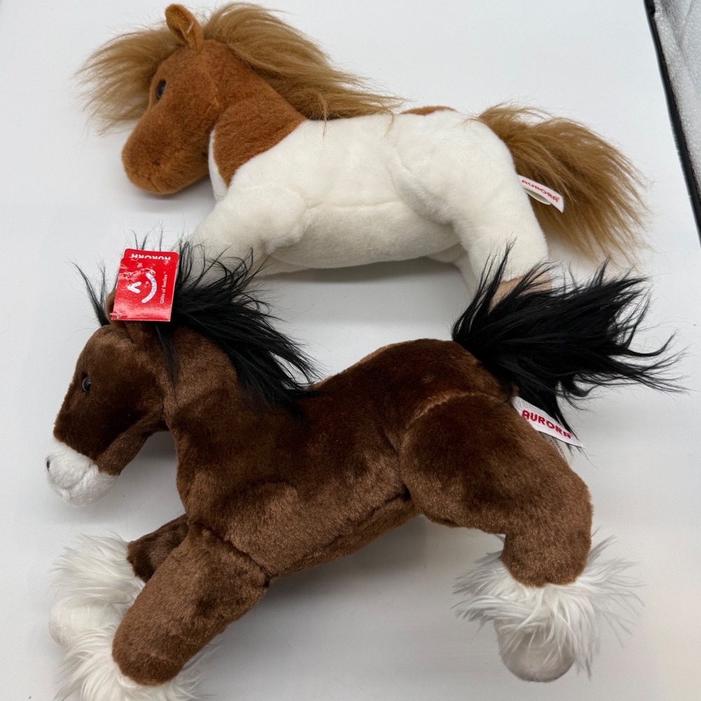 Aurora World Horse Plush Stuffed Animal Lot of 2 Brown White Tan Bean Bag Pony